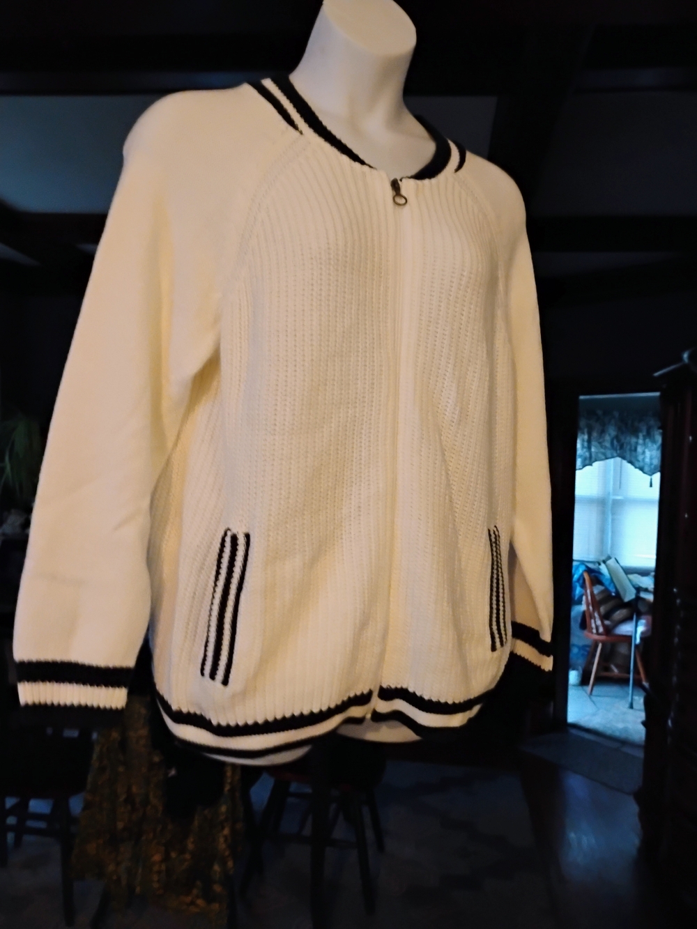 CJ Banks Cream Zip-Front Cardigan with Black Trim